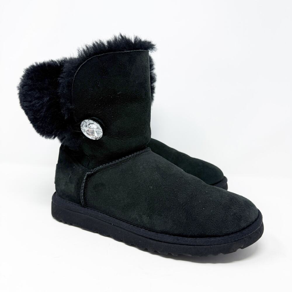 Ugg Black Suede Bailey Button Bling Boots Women's Sz 7 Pull On Rhinestone Accent